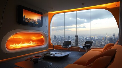 Fototapeta premium A modern orange interior with a city view and fireplace