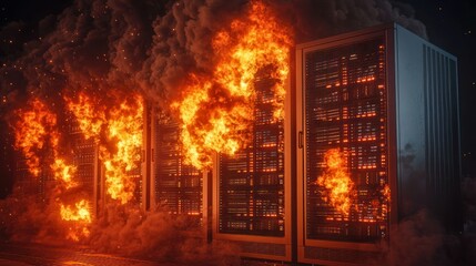 Data center engulfed in flames with smoke billowing