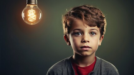 "Boy's Brainstorming Moment: Question Marks and Light Bulb Against a Dark Backdrop"