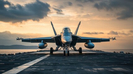 Fototapeta premium Military jet on aircraft carrier deck at sunset