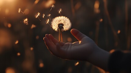 Child's hand holding dandelion, seeds blowing, sunset field