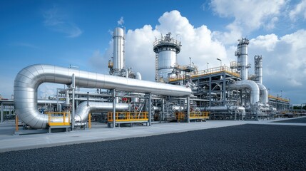 Obraz premium Massive industrial energy plant with complex network of pipelines storage tanks and other industrial equipment against a dramatic cloudy sky in an urban landscape setting
