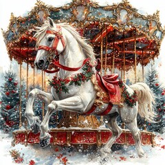Festive White Horse Carousel in Winter Wonderland Setting