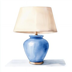 Blue Ceramic Table Lamp with Beige Lampshade Watercolor Painting