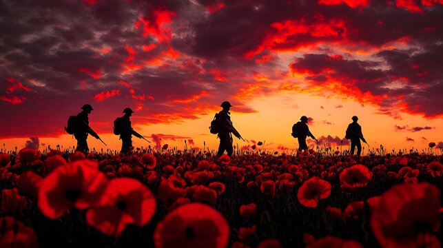 Silhouetted Soldiers Marching Through Poppy Field at Sunset: A Remembrance