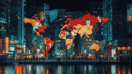 Fototapeta premium Pixelated World Map Cityscape at Night with Vibrant Lights and Water Reflections
