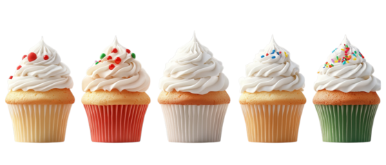 Png of Deliciously decorated cupcakes in bright colors with creamy frosting and festive toppings on transparent background.
