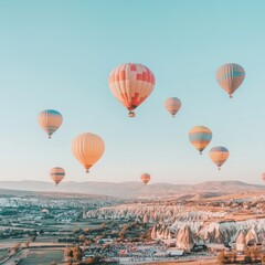 Obraz premium Colorful Hot Air Balloons Floating Over Scenic Landscape at Sunrise