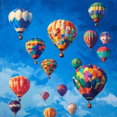 Obraz premium Colorful Hot Air Balloons Floating in a Bright Blue Sky