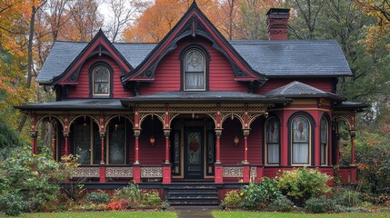 Victorian red house in autumn.