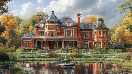 Obraz premium Grand Victorian mansion reflected in autumn pond.