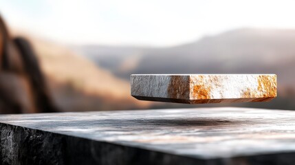 Floating Stone Block Above a Rustic Surface with Natural Landscape in the Background at Sunrise