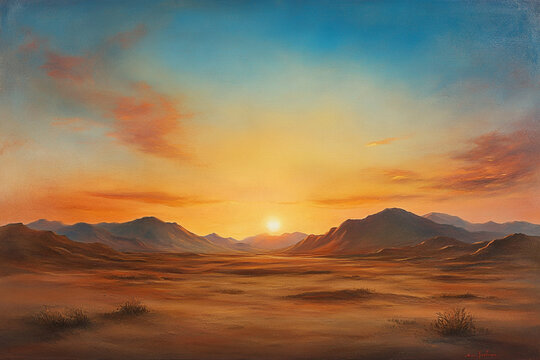 Serene sunset landscape golden hour desert mountains scenic view sky art calm sand brown hills dunes