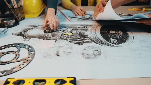 A group of engineers collaborates on the design of an aircraft engine, discussing technical plans and drafting sketches while surrounded by essential tools and equipment. SACTR