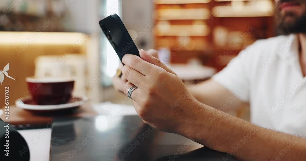Poster phone, hands and search with man in cafe for networking, social media post and lunch break. communic