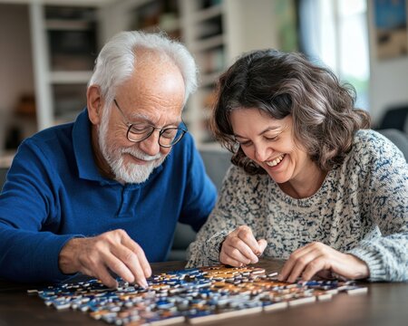 Home Healthcare Support. Smiling Senior Couple Working Together on Colorful Jigsaw Puzzle