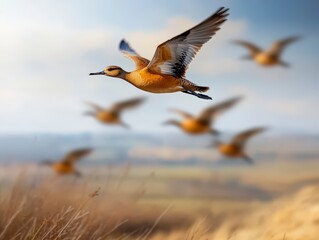 Fototapeta premium Majestic Bird in Flight Against a Soft Blurred Background of Nature and Scenic Landscape