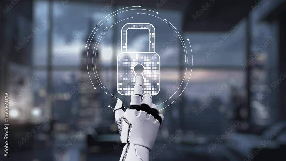 Poster a robotic hand interacts with a digital interface showcasing data security features, including icons