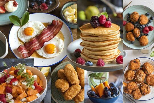 A collage of various dishes, predominantly breakfast and brunch items