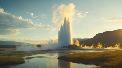 Majestic geyser erupting at sunset in geothermal valley