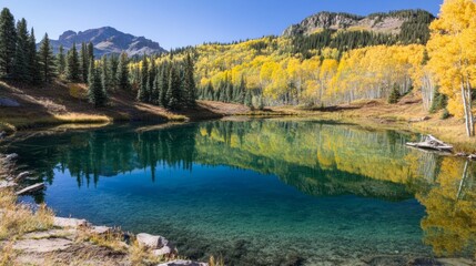 Naklejka premium Serene Mountain Lake Surrounded by Vibrant Autumn Foliage Reflections