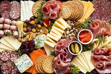 A photo of a vibrant and assorted spread of food items arranged on a platter.