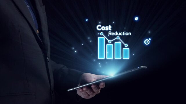 A businessman engages with a tablet showcasing vibrant financial icons and graphs focused on cost reduction, emphasizing the importance of effective resource management strategies. Qubit