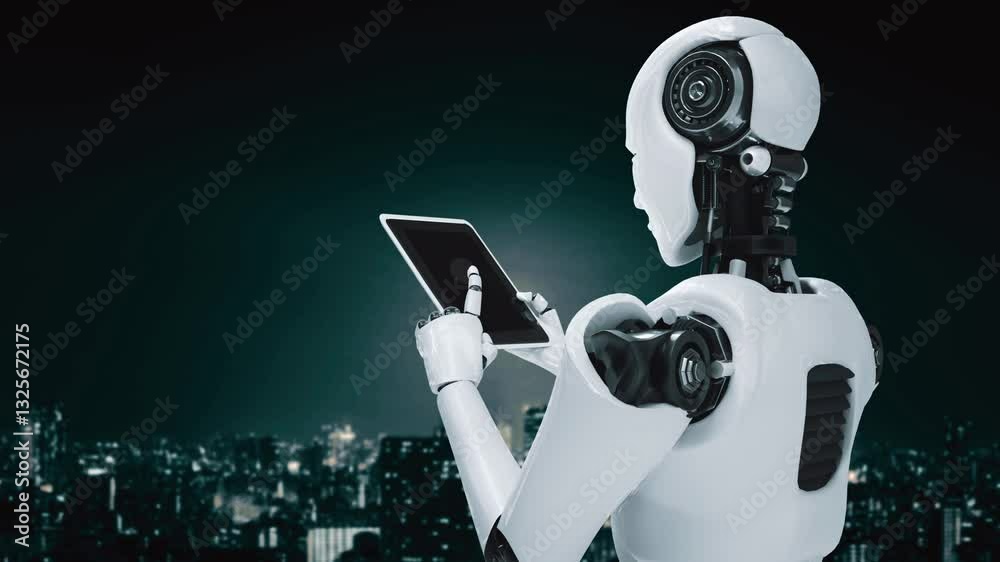 Poster robot hominoid using tablet computer in concept of ai thinking brain , artificial intelligence and m