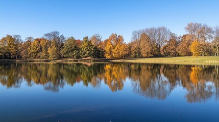 Obraz premium Serene Autumn Reflections in a Calm Lake Surrounded by Trees