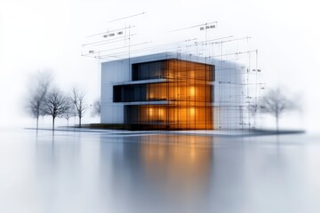 Contemporary architectural design with blueprint overlay showcasing modern building reshaping urban landscape