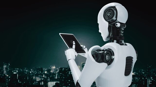 Robot hominoid using tablet computer in concept of AI thinking brain , artificial intelligence and machine learning process for the 4th fourth industrial revolution . 3D rendering.