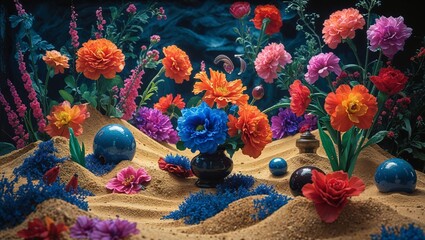 幻想の砂丘：咲き誇る花々と神秘のオブジェ