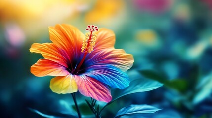 Rainbow Hibiscus Blooming Garden Sunrise