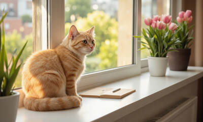 A soft orange tabby cat with a fluffy, slightly curled tail, sitting contentedly on a sunlit windowsill, its bright green
