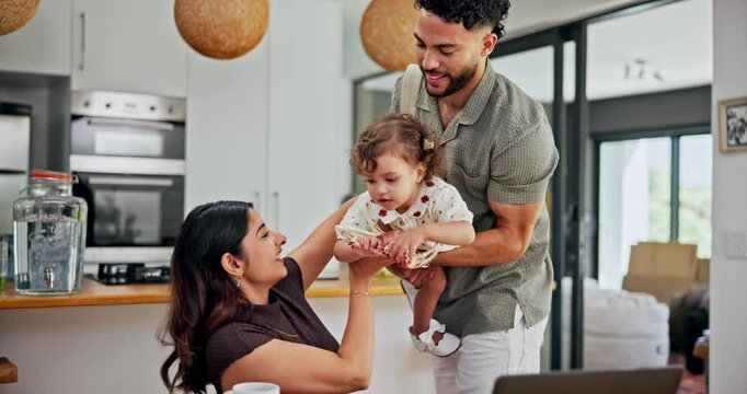 Morning, man and greeting family with kiss for goodbye, relationship and departure for job. Remote work, affection and dad with baby to woman for bonding, security and connection with care and trust