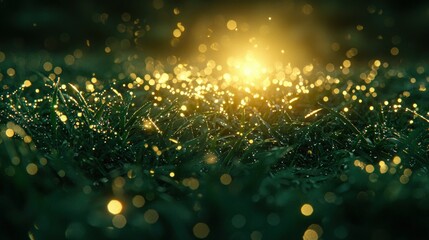 Naklejka premium Dew-covered grass illuminated by soft golden light
