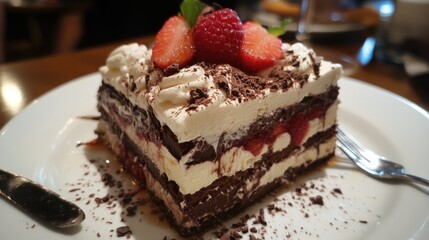 Delicious layered chocolate cake with strawberries and raspberries on a restaurant table