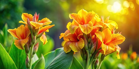 Fototapeta premium Vibrant canna lily plant with lemon punch flowers in full bloom