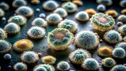 Obraz premium Mold Spores Spread on Dark Surface, dark surface, macro photography, dark surface, macro photography