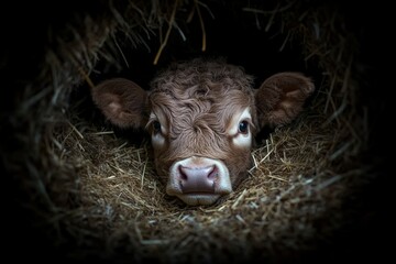 Fototapeta premium A Close-Up of a Young Calf Nestled in Hay, Capturing the Innocence and Natural Beauty of Farm Life in a Cozy Barn Environment.