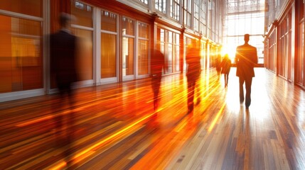 Silhouetted Figures Walking Through a Sunlit Office Hallway
