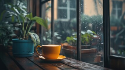 Warm drink on windowsill, rainy day, plants, cozy cafe