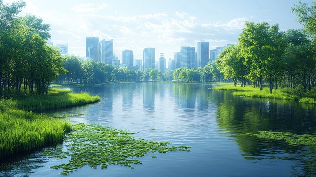 Urban park with lake reflecting cityscape.