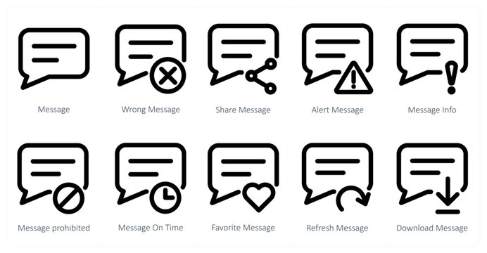 A set of 10 micro icons as mesage, wrong message, share message
