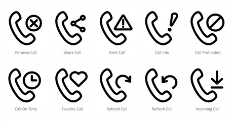 Obraz premium A set of 10 micro icons as remove call, share call, alert call