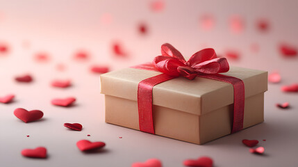 A beautifully wrapped gift box with a red ribbon surrounded by scattered heart-shaped decorations