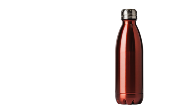 Modern red metal water bottle isolated on transparent background