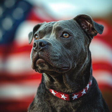 Black american pit bull terior sitting in prifile side view in front of waving american flag, cool colors. A close-up portrait of a strong and loyal pitbull dog wearing a red collar with white stars