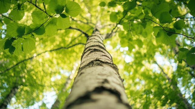 Majestic view of a towering birch tree with vibrant green leaves in a lush forest, looking up towards a sunlit canopy in a calm and serene nature landscape