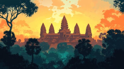 Sunrise over Angkor Wat, jungle silhouette